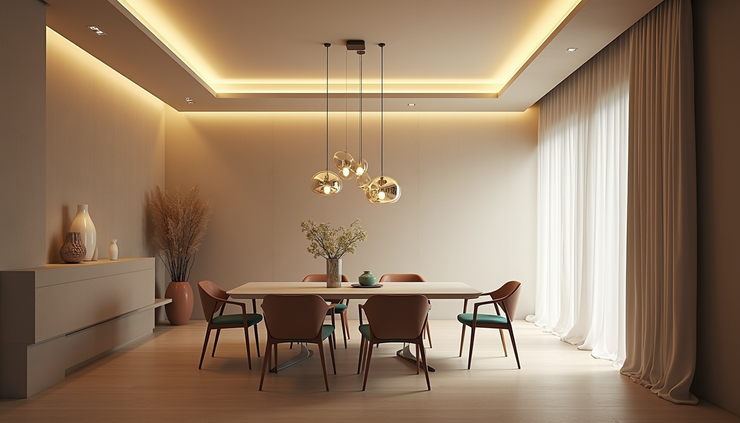 Vista lateral de teto rebaixado em gesso com iluminação indireta em sala de jantar