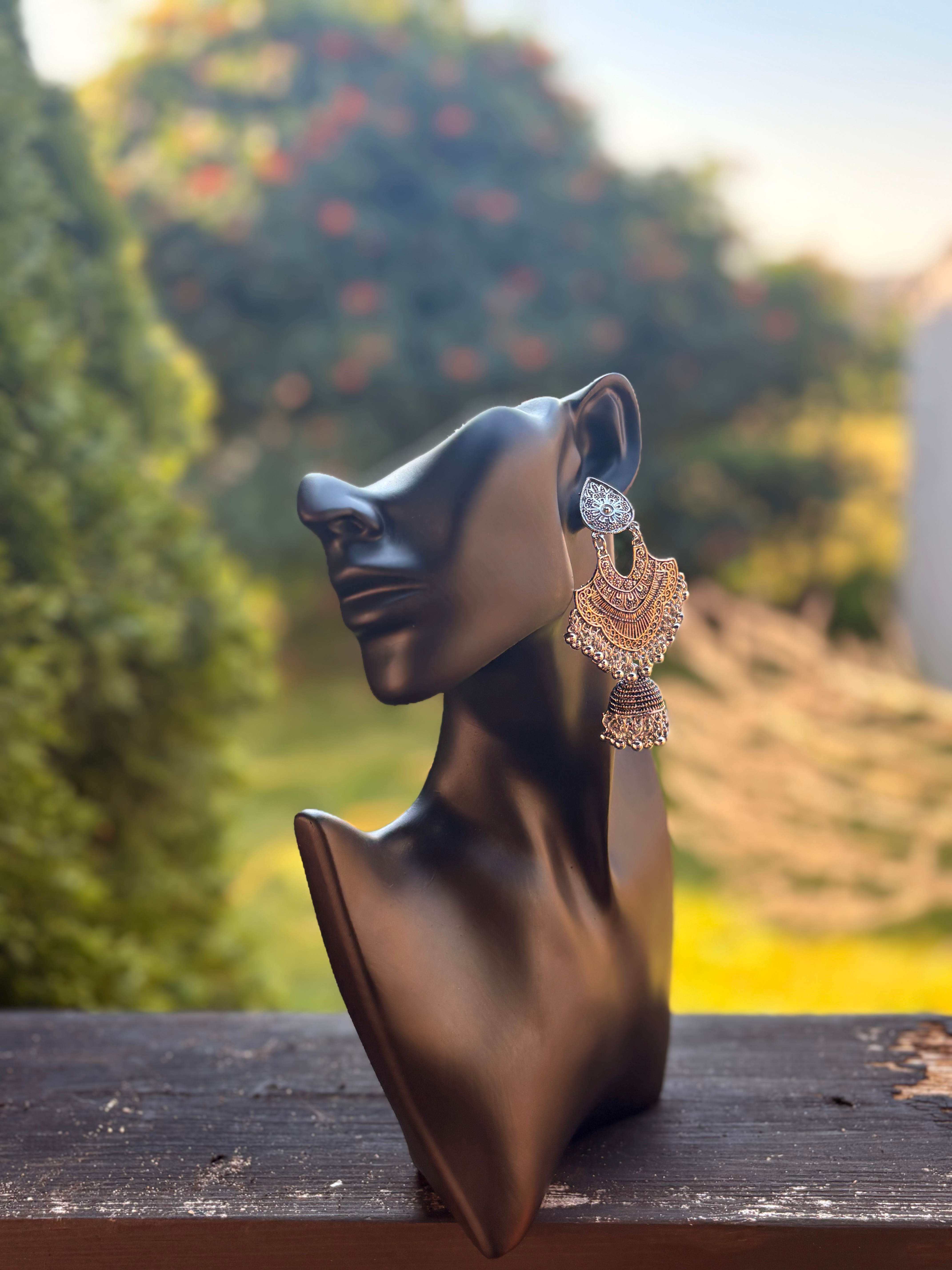 Oxidized Chandbali Earrings with Floral Stud and Jhumka