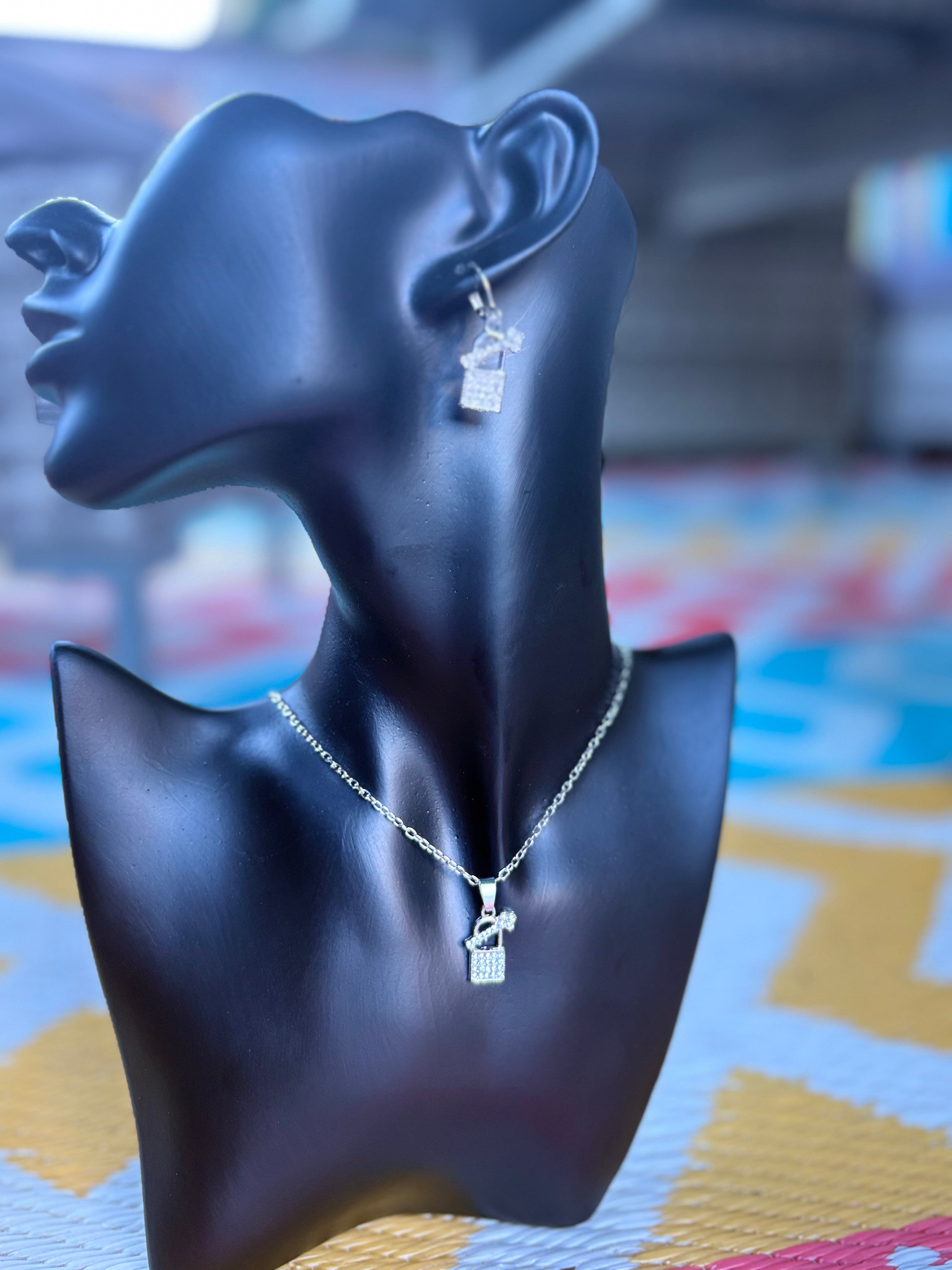 Stone-Studded Lock & Key Silver Pendant set