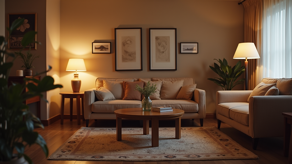 Eye-level view of a cozy living room with comfortable seating and warm lighting