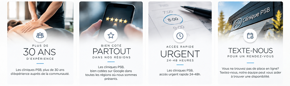 Les atouts de la Clinique PSB : 30 ans d’expérience, une équipe interdisciplinaire, des centaines d’avis Google et un accès facilité aux soins.