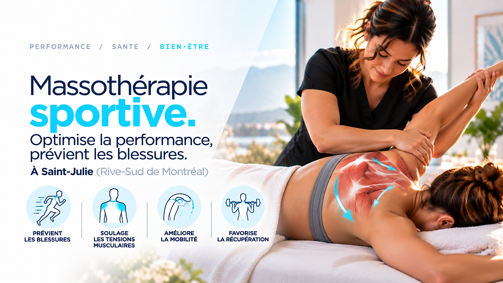 Image montrant un massothérapeute effectuant un massage sportif adapté aux besoins d’un patient à la Clinique PSB de Sainte-Julie, sur la Rive-Sud de Montréal.