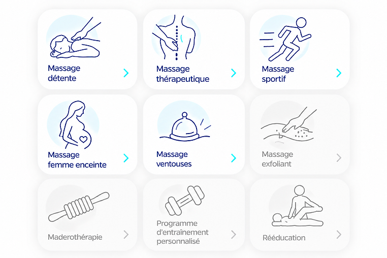 Découvrez les services offerts par chaque thérapeute des Cliniques PSB à Sainte-Julie, sur la Rive-Sud de Montréal. Ce visuel présente les services disponibles et non disponibles selon les spécialités de chaque professionnel : massothérapie, kinésithérapie, orthothérapie, kinésiologie, massages thérapeutiques, sportifs et prénataux, ainsi que rééducation physique.