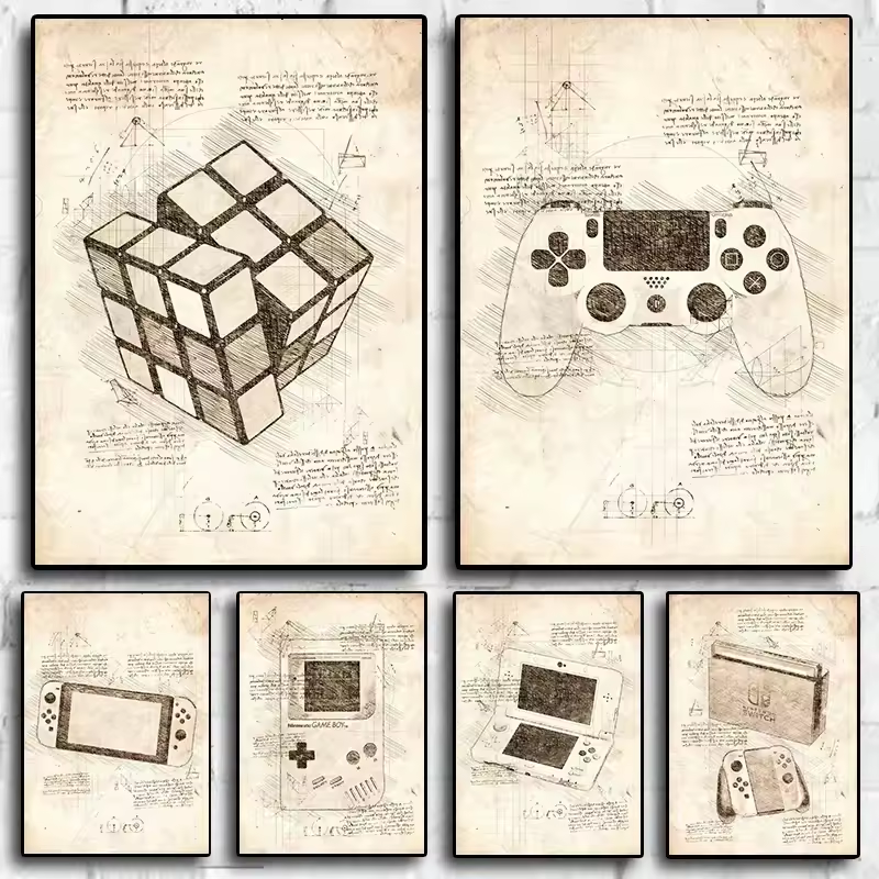 Miniatura: Quadro Decorativo Gamer Vintage – Arte em Tela Estilo Sketch