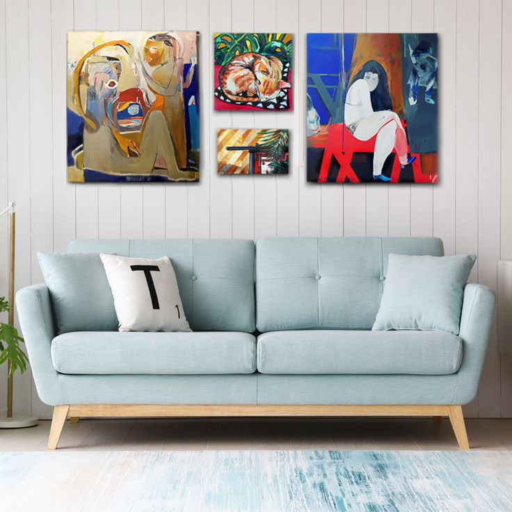 sofa, interior, enterijer, art, umetnost, painting, slika, figurative art, figurativna umetnost, macka, cat