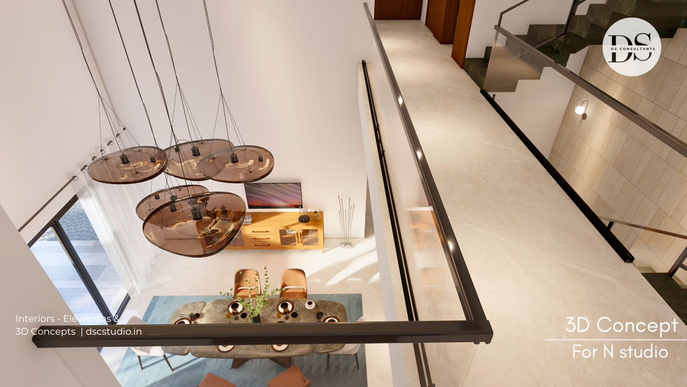 3D interior rendering of residential project featuring contemporary furniture and neutral tones.