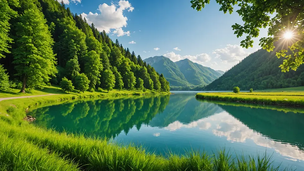 Eye-level view of lush green landscape with a serene lake