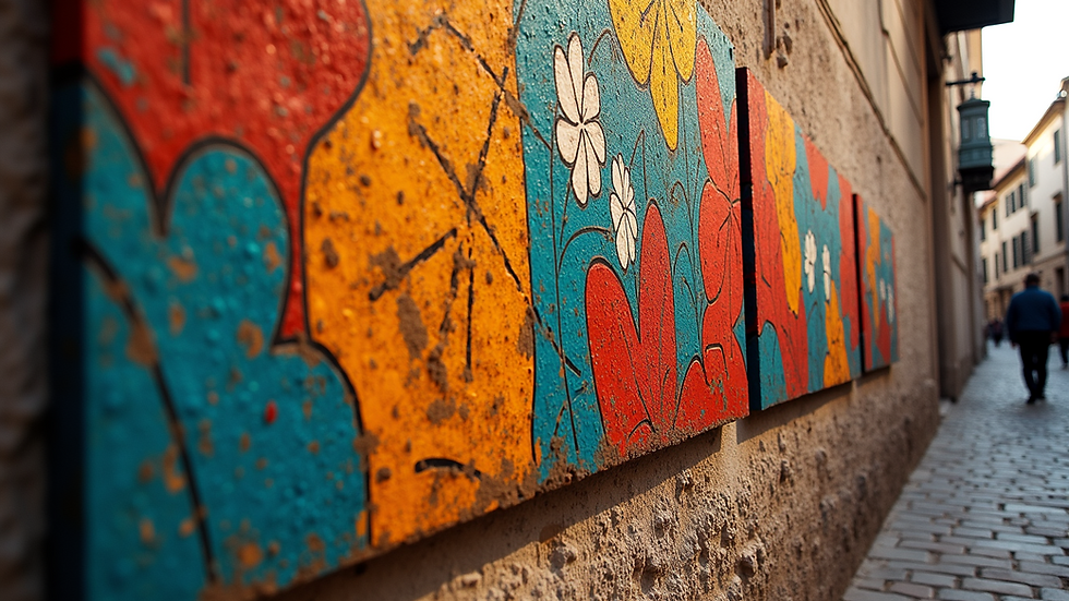 Eye-level view of a canvas painted with vibrant cultural patterns