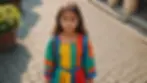 High angle view of a confidently standing young girl in a colorful outfit