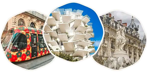 photos de montpellier : tramway L2, arbre blanc fujimoto et les trois graces