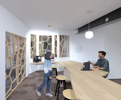 Vue 3D de l'aménagement de l'atelier partagé