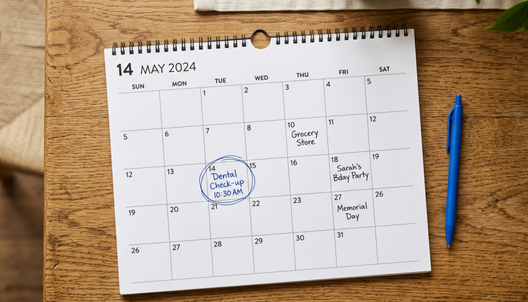 Overhead view of a calendar with a dental check-up reminder marked.
