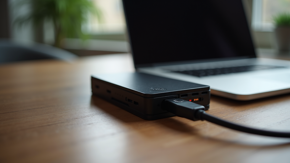 Eye-level view of an external hard drive connected to a laptop