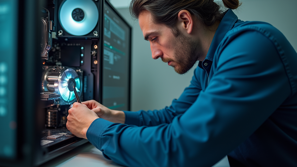 Eye-level view of a technician repairing a desktop computer