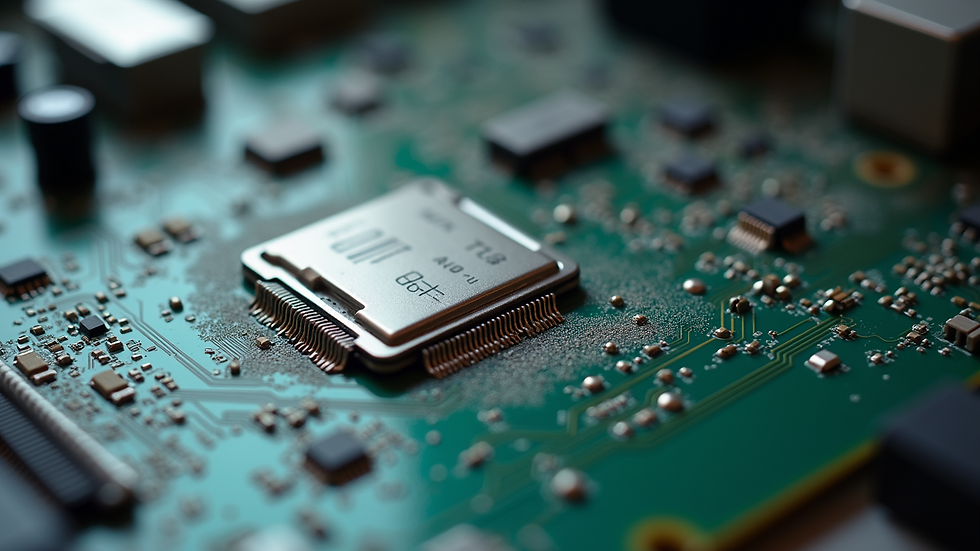 Close-up view of a computer motherboard showing dust accumulation