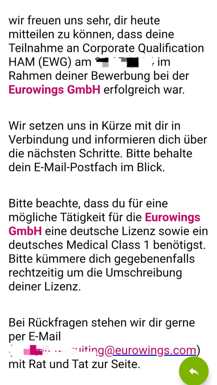 Eurowings IP CQ erfolgreich mit Nikkifly DA-42 Screeningvorbereitung Berlin