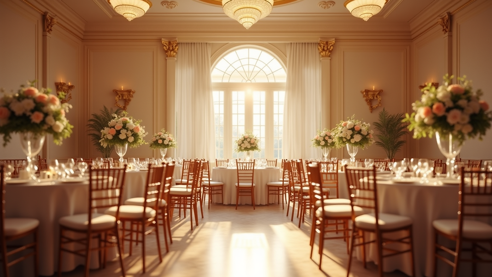 Eye-level view of an elegantly decorated ballroom with floral centerpieces