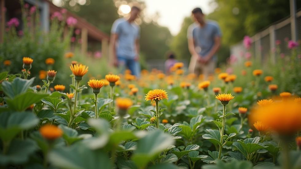 Eye-level view of a community garden with diverse plants and flowers