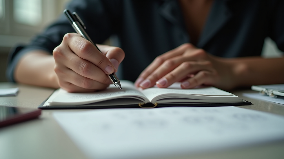 Close-up view of a person writing notes in a notebook