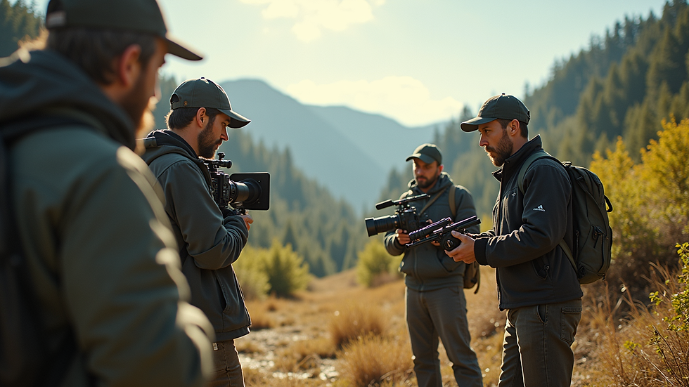 Wide angle view of a documentary crew filming in a natural outdoor setting