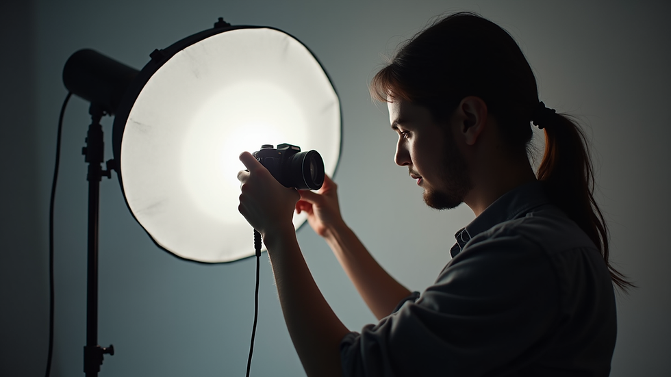 Eye-level view of a photographer adjusting a softbox light in a studio