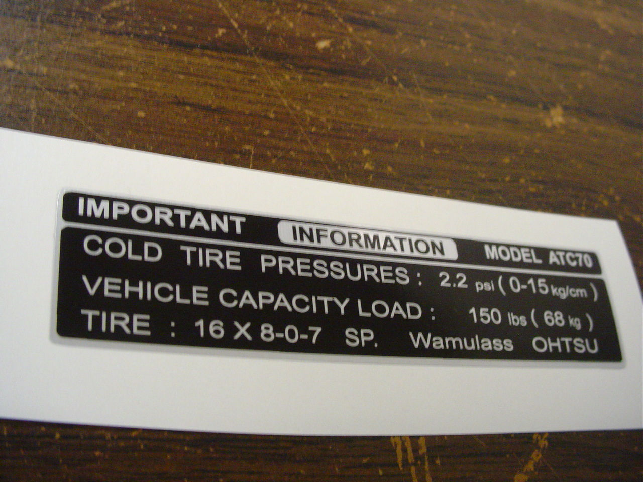 ATC70 TIRE WARNING EMBLEM REPLACES 87541-957-000 (D7136)