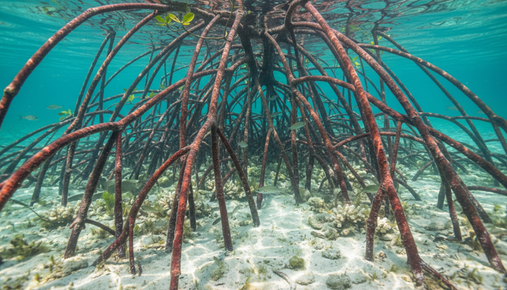 Close-up view of red mangrove roots dipping into clear shallow water.