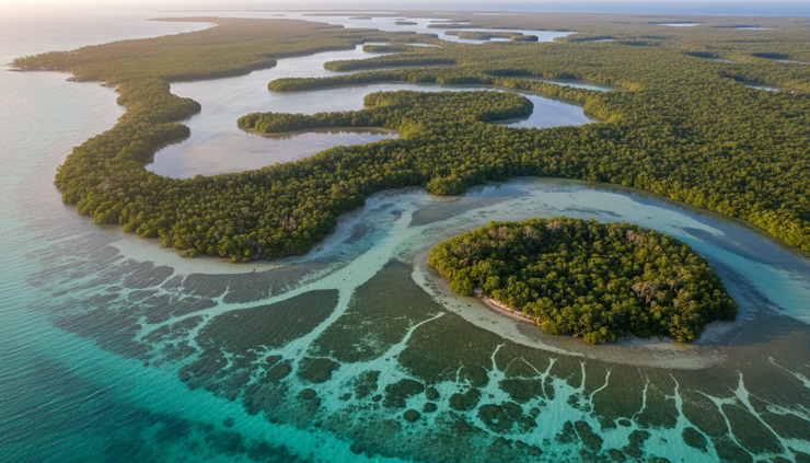 Wide-angle view of mangrove islands in shallow turquoise water.