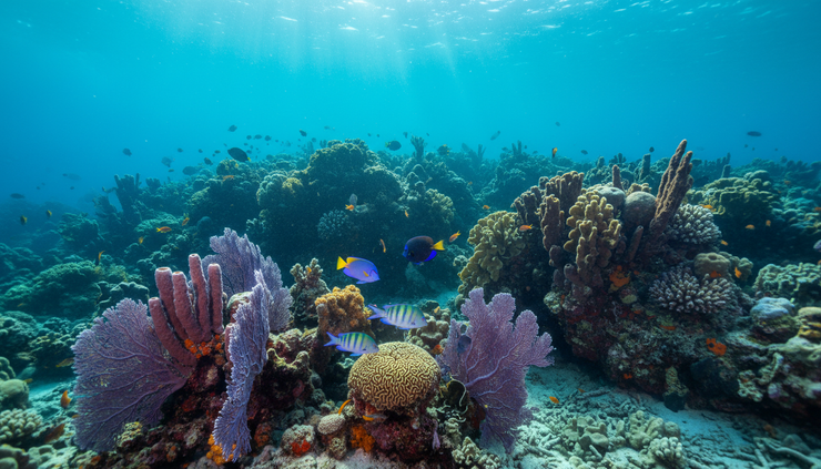 Wide-angle underwater view of a coral reef with tropical fish.