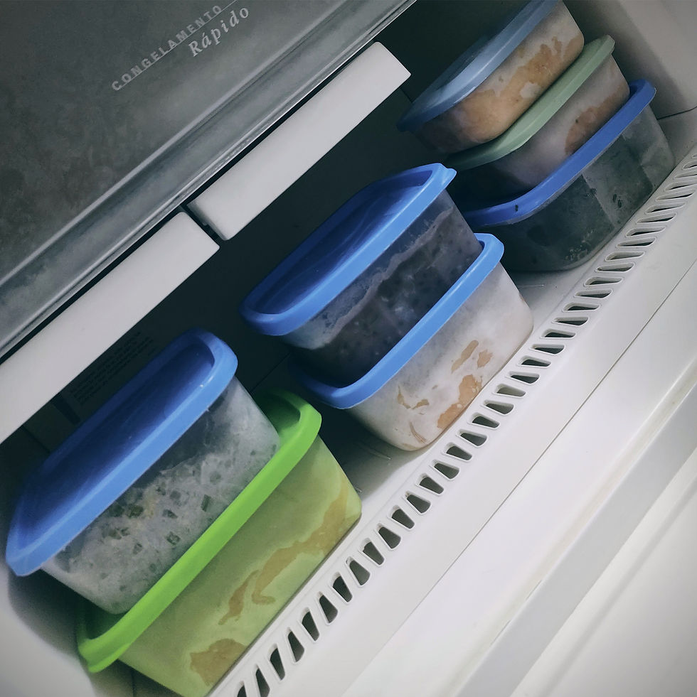 Comida congelada separada em congelador