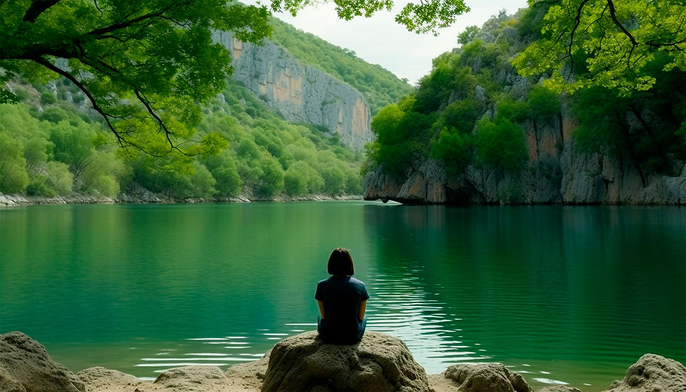 mulher sozinha de frente para lago