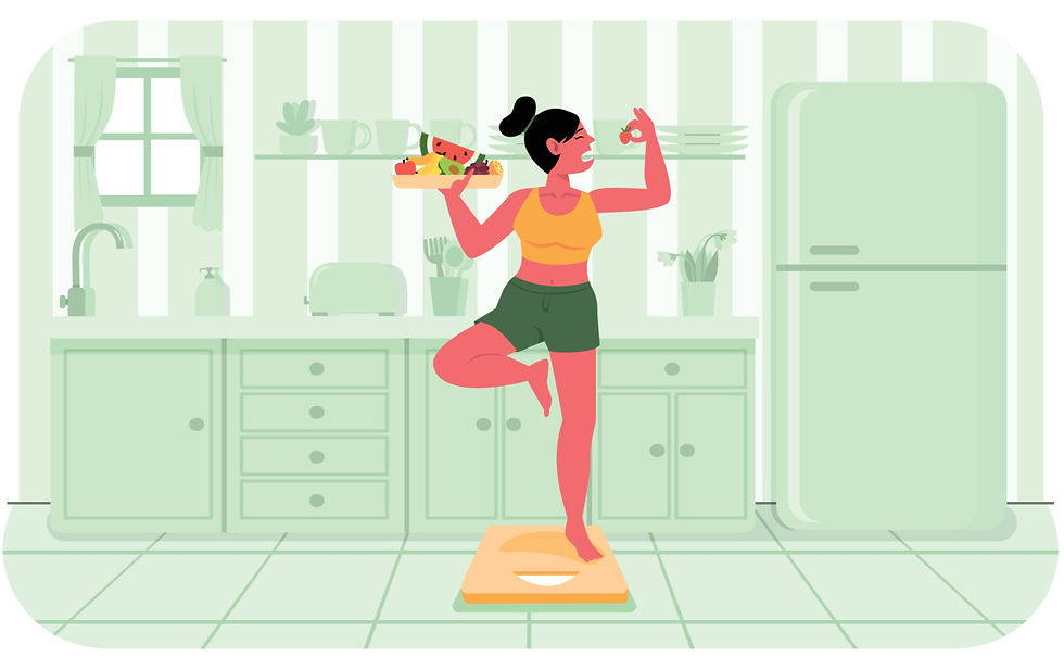 mulher se equilibrando enquanto se alimenta