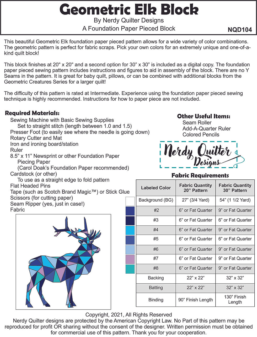 Thumbnail: Geometric Elk Bull FPP Digital Pattern Block (20"x20" & 30"x30")