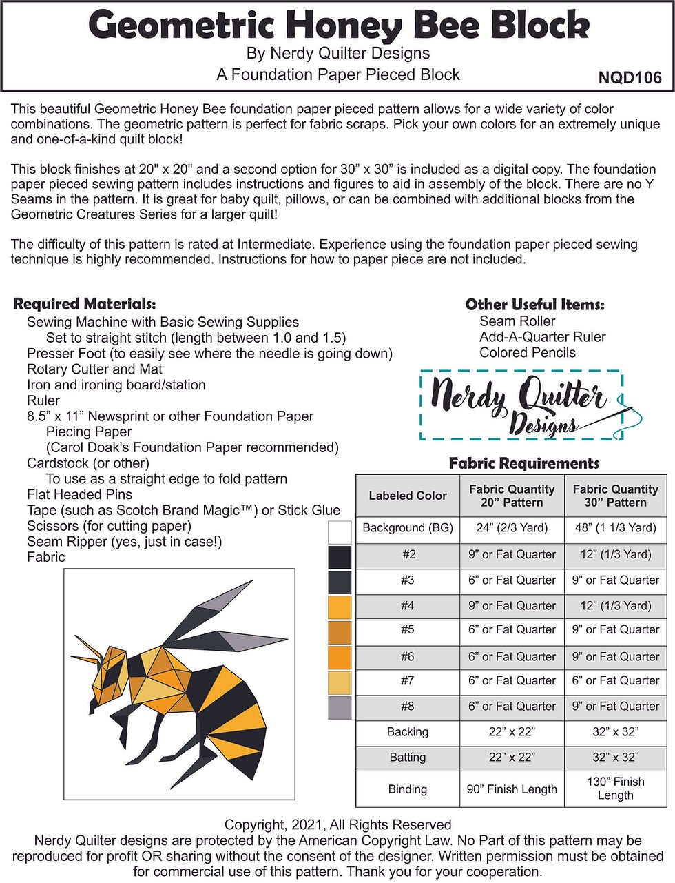 Thumbnail: Geometric Honey Bee Insect Scrappy FPP Digital Pattern Block (20"x20" & 30"x30")