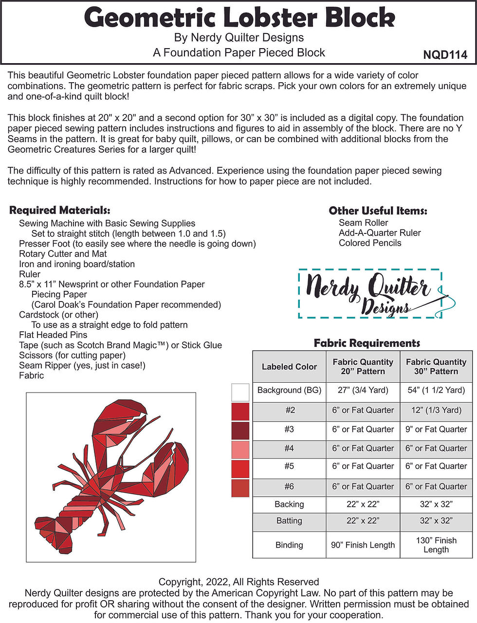 Thumbnail: Geometric Lobster Maine NE Fishing FPP Digital Pattern Block (20"x20" & 30"x30")