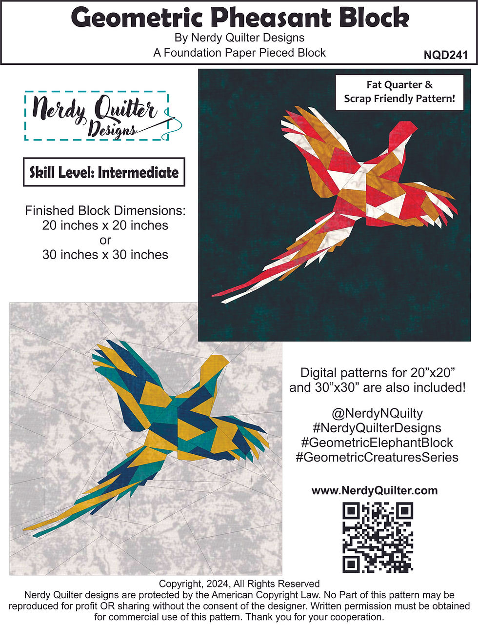 Thumbnail: Geometric Pheasant Bird FPP Digital Pattern Block (20"x20" & 30"x30")