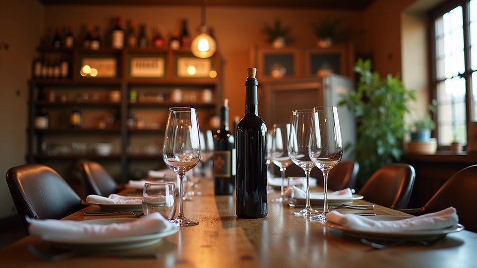 Wide angle view of a wine tasting table set with glasses and bottles inside a cozy winery