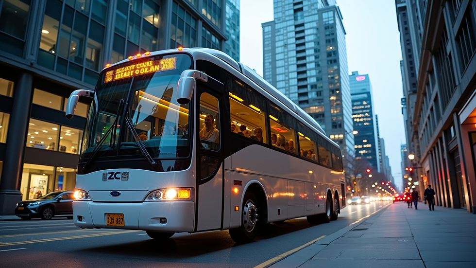 Eye-level view of a luxury minibus parked near Vancouver cityscape