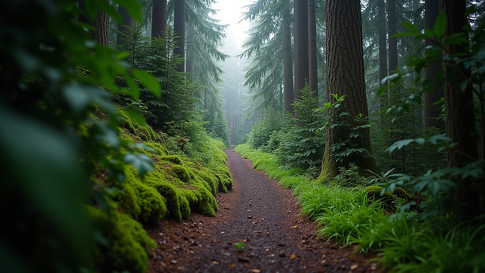 Eye-level view of a steep forest trail ascending Grouse Mountain