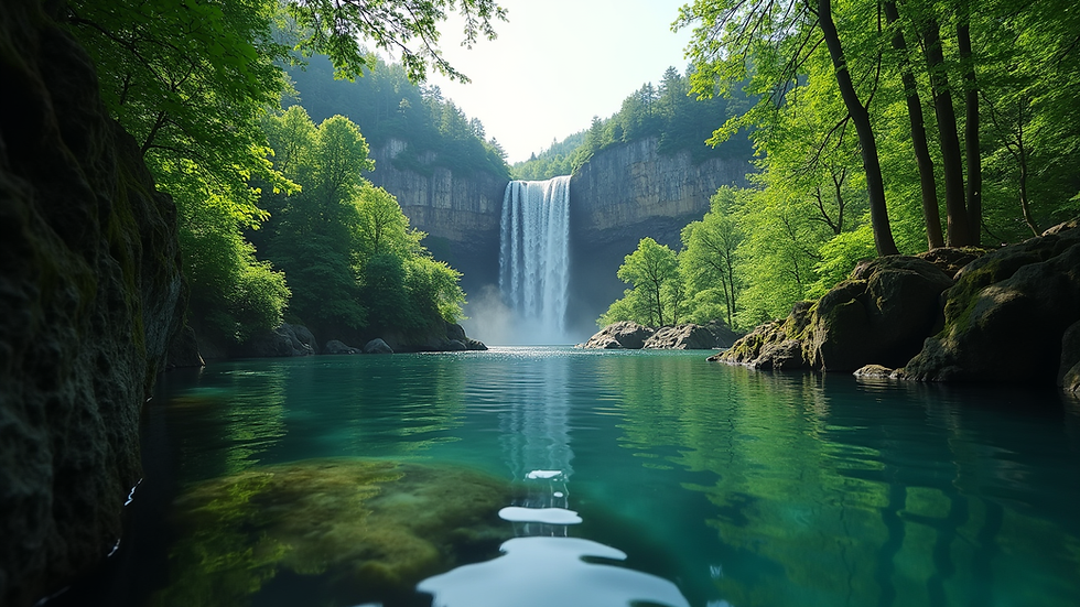 Eye-level view of mountain waterfall with lush green forest