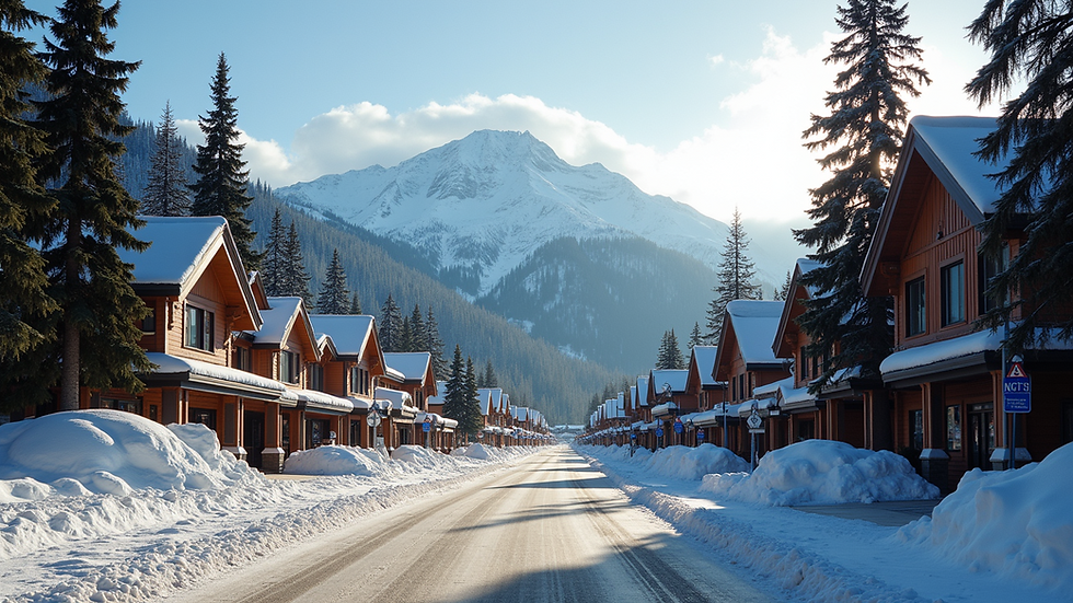 Eye-level view of Whistler village with mountain backdrop