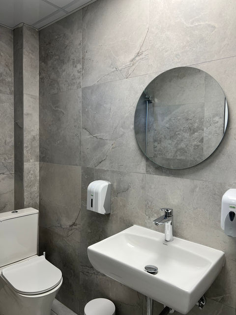 Modern bathroom sink, toilet, and round mirror