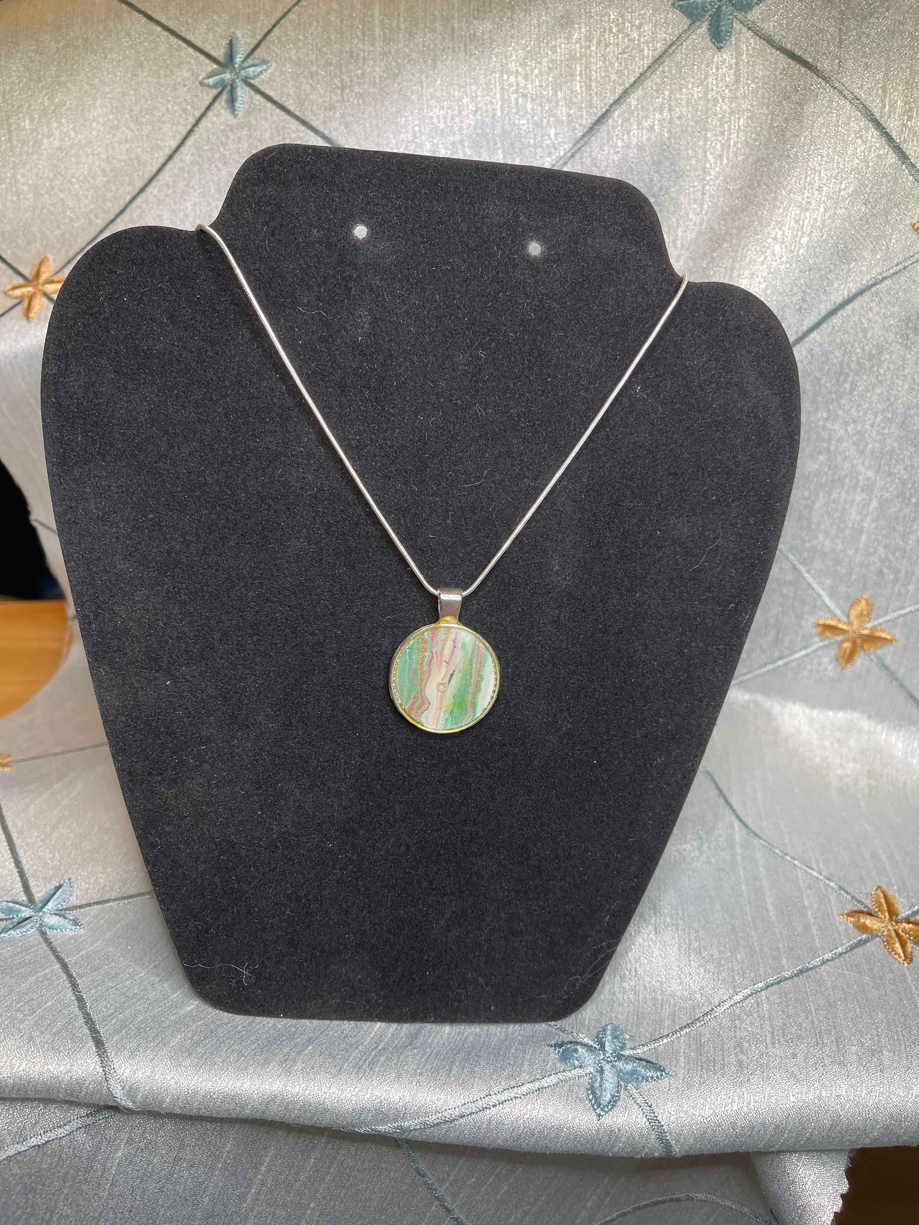 green, brown & maroon fluid art necklace
