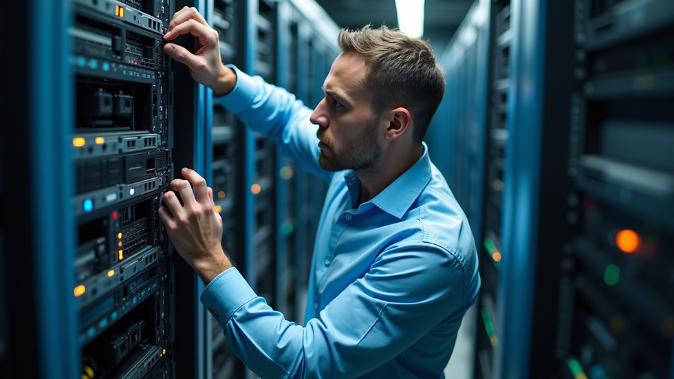 high angle view of technician setting up network hardware