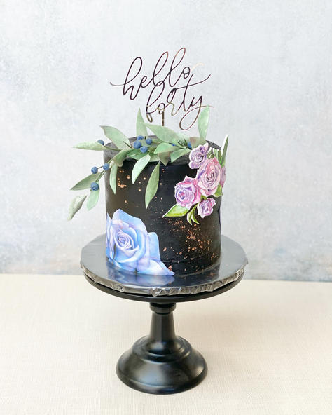 -best bakery, bakery near me, San Diego bakery, custom cake-party-cake-birthday cake-painted flowers-leaves-gold flecks