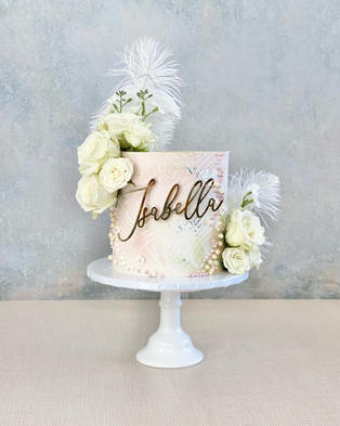 birthday cake, best bakery, bakery near me, San Diego bakery, custom cake-girl party- pearls-sugar flowers-feathers