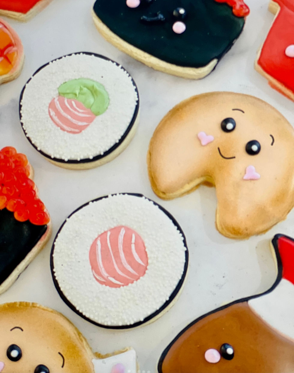 fortune cookie, sushi roll, roe cookies