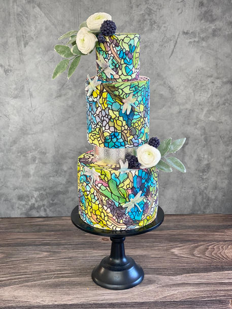 stained glass cake-wedding cake-shower cake-3 tiers-bakery near me-san Diego bakery-best bakery-custom bakery