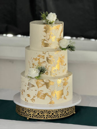 3 tier-wedding cake- metallic gold accents- white roses