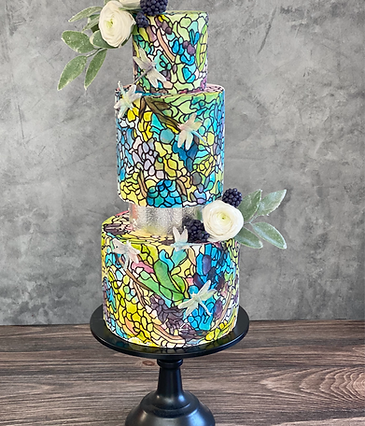 3 tier-stain-glass-cake-white-flowers